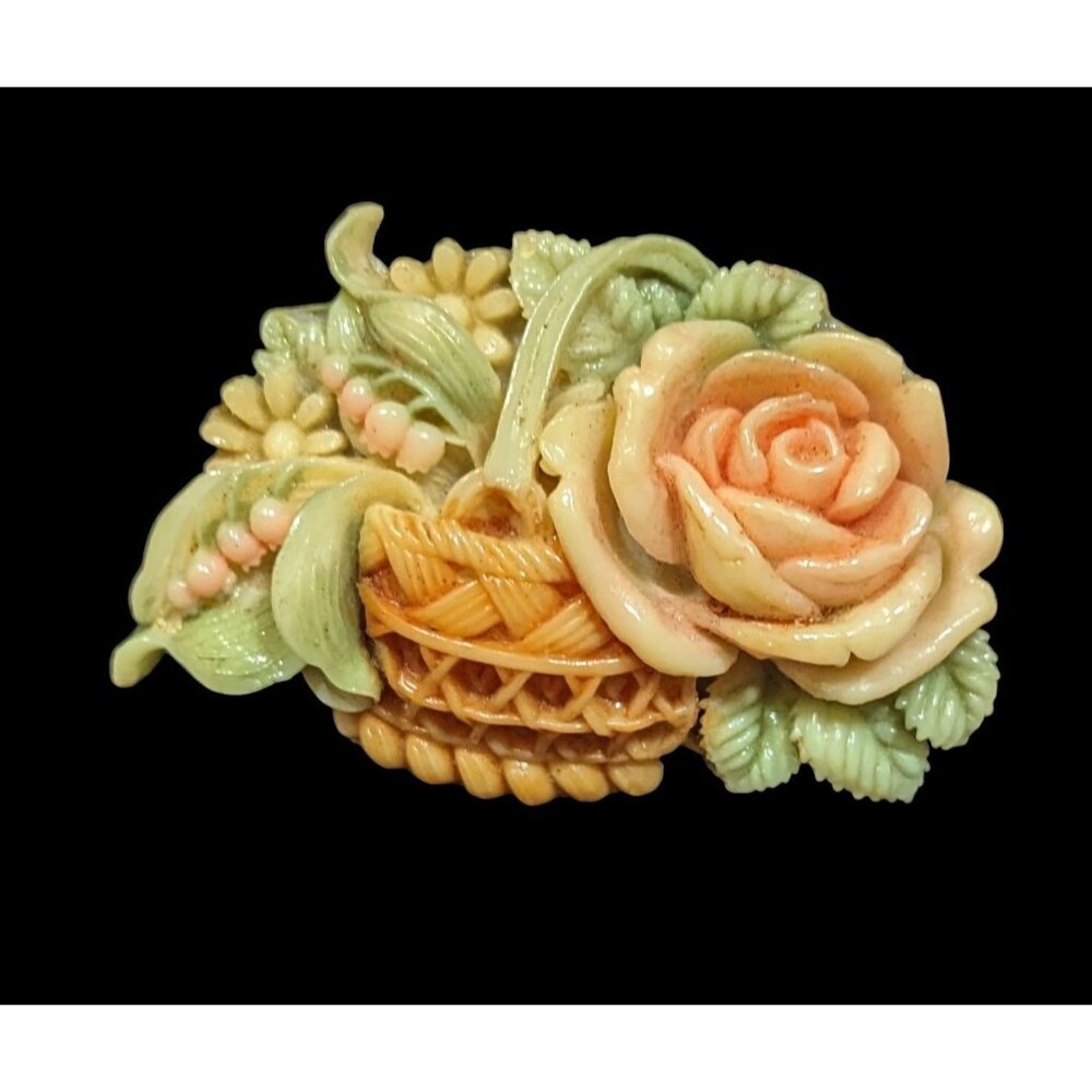 Vintage Cottagecore Japanese Carved Celluloid Brooch